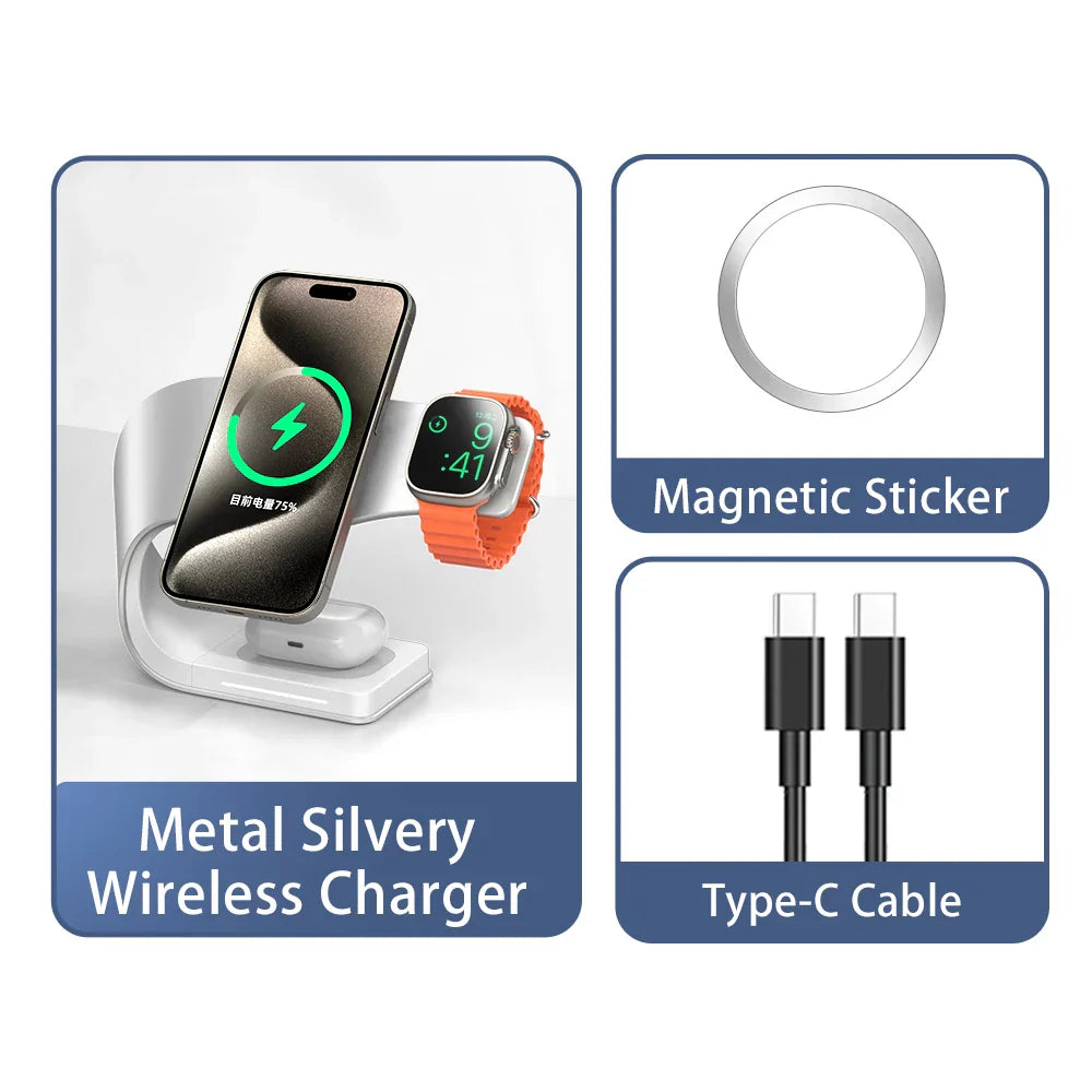 4 in 1 Magnetic Wireless Charger Stand Dock, Fast Charging Station for iPhone 15/14/13/12, Apple Watch & AirPods, Metal Shell Design (Grey & White)