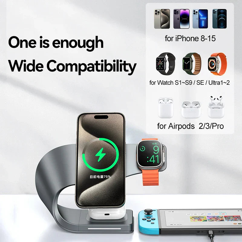 4 in 1 Magnetic Wireless Charger Stand Dock, Fast Charging Station for iPhone 15/14/13/12, Apple Watch & AirPods, Metal Shell Design (Grey & White)