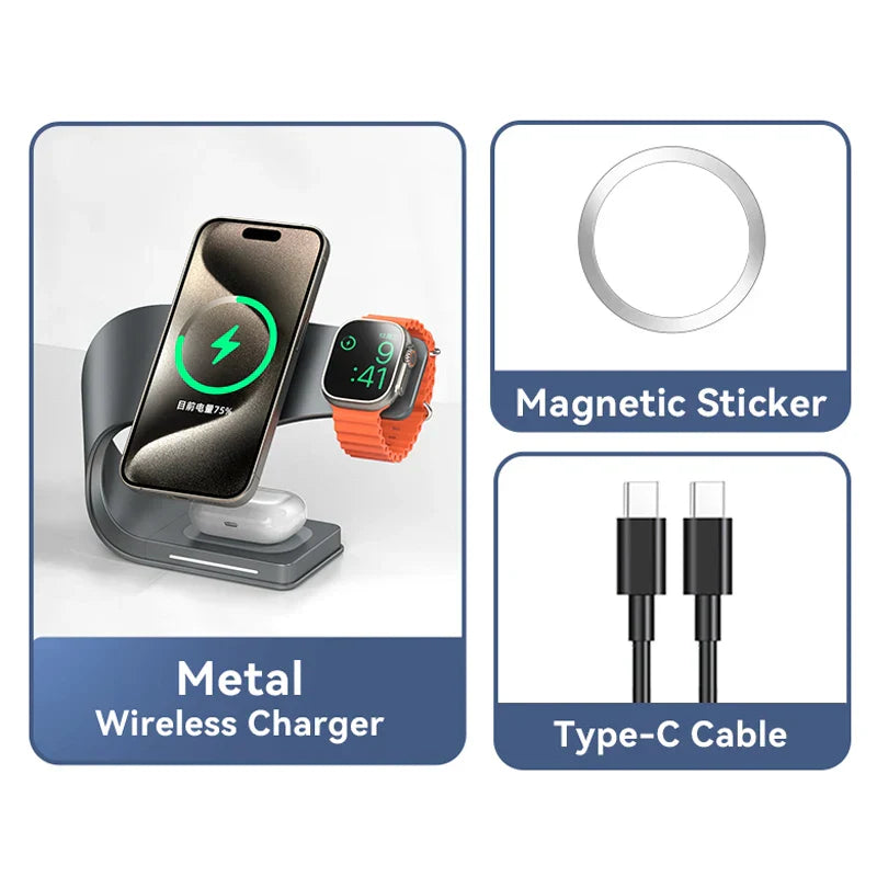 4 in 1 Magnetic Wireless Charger Stand Dock, Fast Charging Station for iPhone 15/14/13/12, Apple Watch & AirPods, Metal Shell Design (Grey & White)