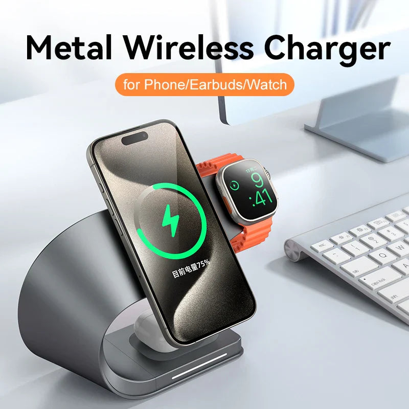 4 in 1 Magnetic Wireless Charger Stand Dock, Fast Charging Station for iPhone 15/14/13/12, Apple Watch & AirPods, Metal Shell Design (Grey & White)