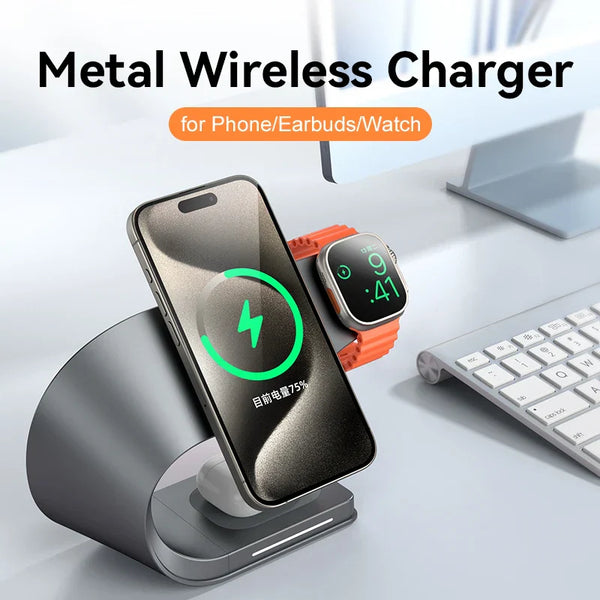 4 in 1 Magnetic Wireless Charger Stand Dock, Fast Charging Station for iPhone 15/14/13/12, Apple Watch & AirPods, Metal Shell Design (Grey & White)