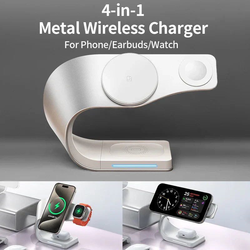 4 in 1 Magnetic Wireless Charger Stand Dock, Fast Charging Station for iPhone 15/14/13/12, Apple Watch & AirPods, Metal Shell Design (Grey & White)