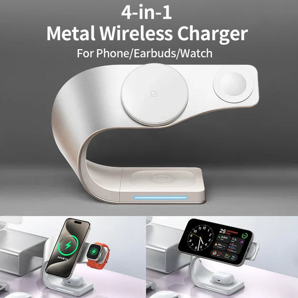 4 in 1 Magnetic Wireless Charger Stand Dock, Fast Charging Station for iPhone 15/14/13/12, Apple Watch & AirPods, Metal Shell Design (Grey & White)