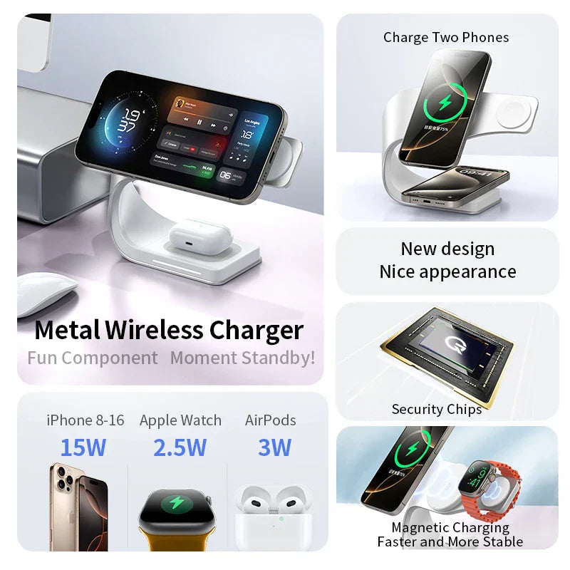 4 in 1 Magnetic Wireless Charger Stand Dock, Fast Charging Station for iPhone 15/14/13/12, Apple Watch & AirPods, Metal Shell Design (Grey & White)
